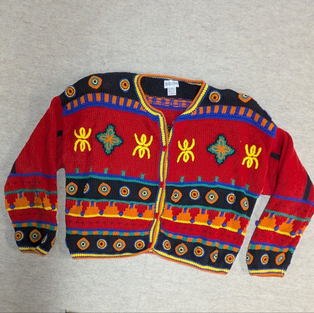 Vintage Bold Colorful Artsy Buttoned Unique Cardigan Knit Natural Fibers Size 2X